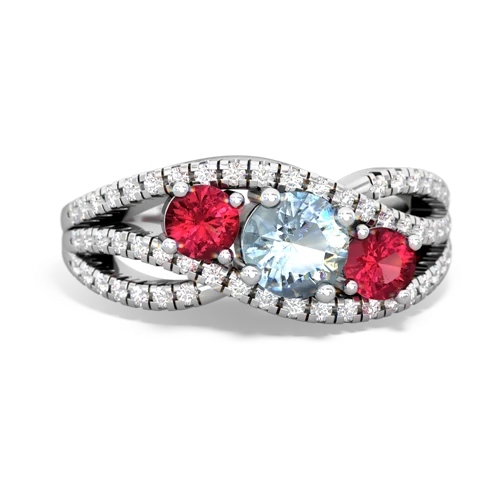 aquamarine-lab ruby three stone pave ring