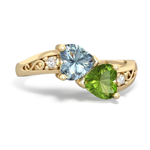 Aquamarine Genuine Aquamarine with Genuine Peridot Snuggling Hearts ring Ring