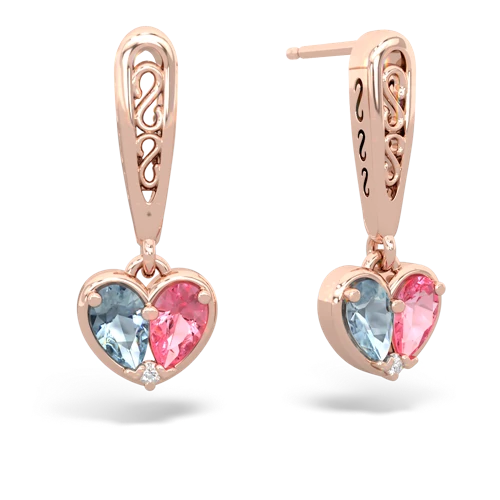 aquamarine-pink sapphire filligree earrings