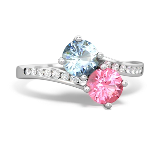 aquamarine-pink sapphire two stone channel ring