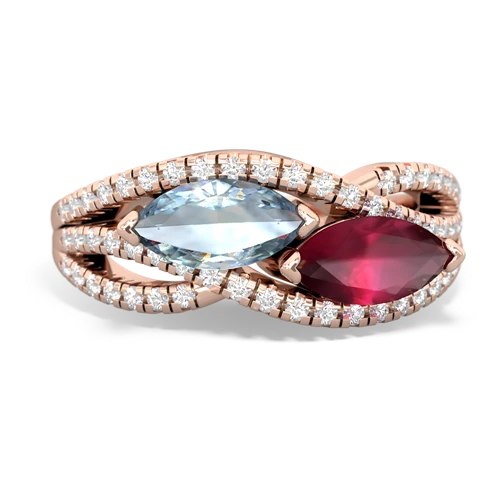 aquamarine-ruby double heart ring