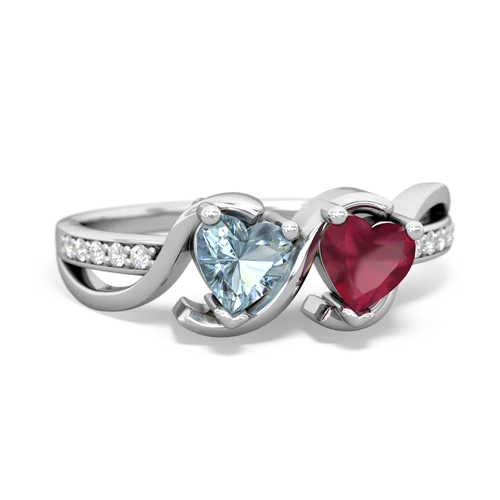 aquamarine-ruby double heart ring