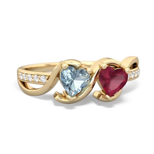 aquamarine-ruby double heart ring