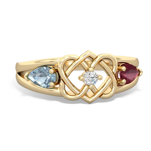 aquamarine-ruby double heart ring