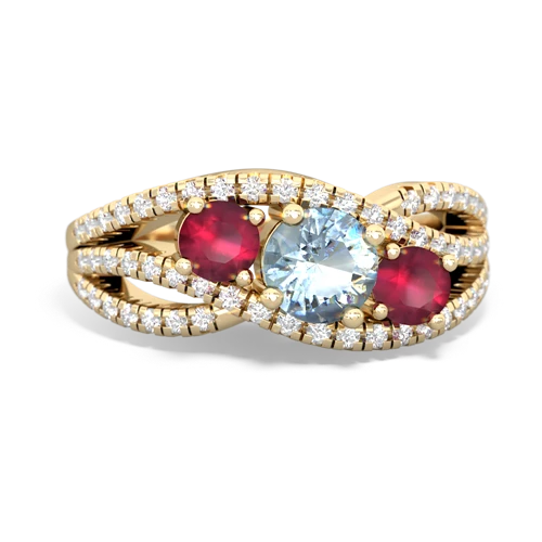 aquamarine-ruby three stone pave ring