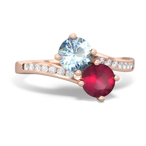 aquamarine-ruby two stone channel ring