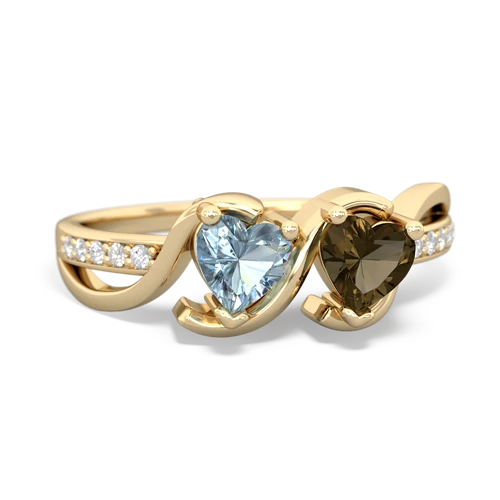 aquamarine-smoky quartz double heart ring