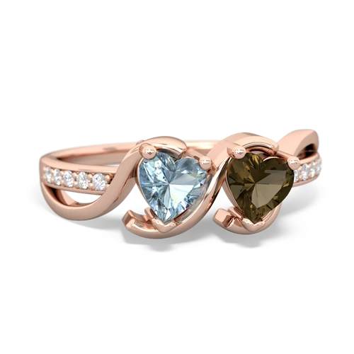 aquamarine-smoky quartz double heart ring