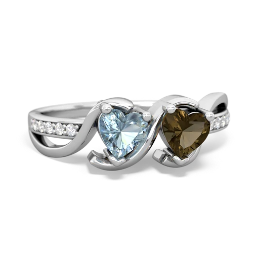 aquamarine-smoky quartz double heart ring