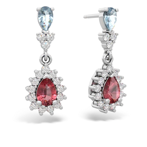 Aquamarine Genuine Aquamarine with Genuine Pink Tourmaline Halo Pear Dangle earrings Earrings