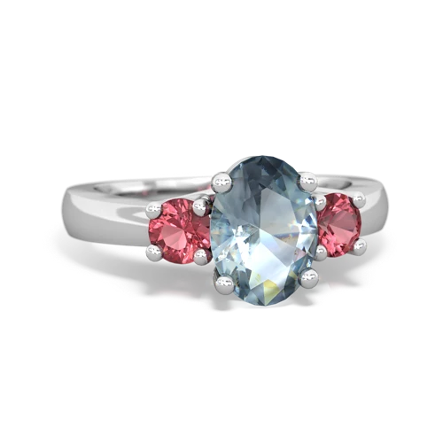 Aquamarine Genuine Aquamarine with Genuine Pink Tourmaline Three Stone Trellis ring Ring