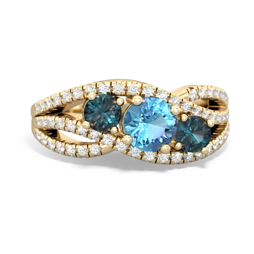 blue topaz-alexandrite three stone pave ring