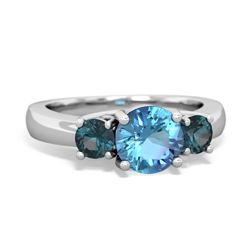 Blue Topaz Genuine Swiss Blue Topaz with Lab Created Alexandrite and Genuine Fire Opal Three Stone Trellis ring Ring