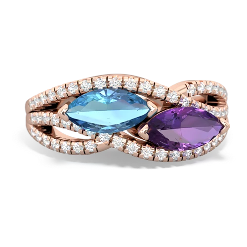 blue topaz-amethyst double heart ring