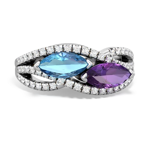 blue topaz-amethyst double heart ring