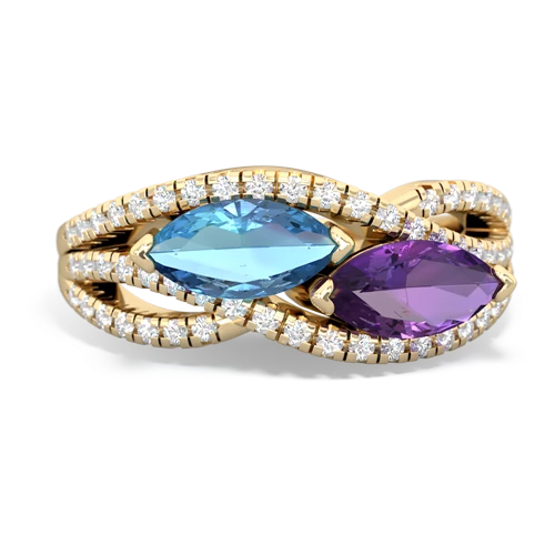 blue topaz-amethyst double heart ring