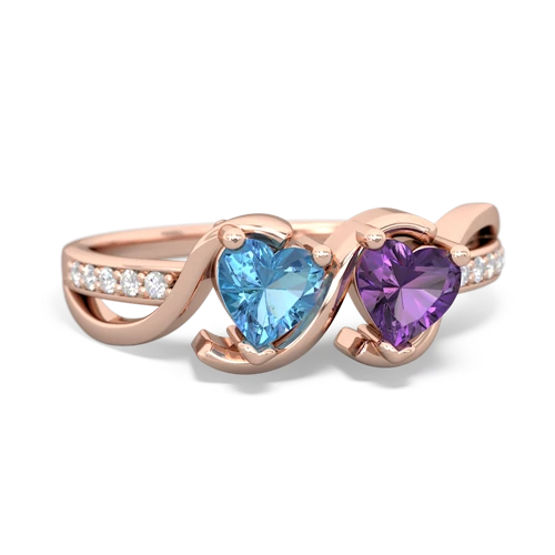 blue topaz-amethyst double heart ring