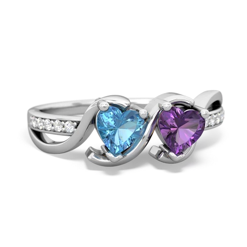 blue topaz-amethyst double heart ring