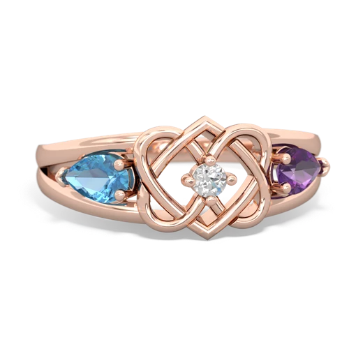 blue topaz-amethyst double heart ring