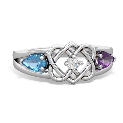 blue topaz-amethyst double heart ring