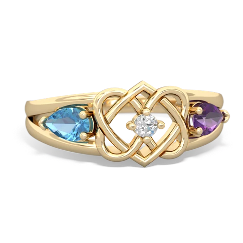 blue topaz-amethyst double heart ring