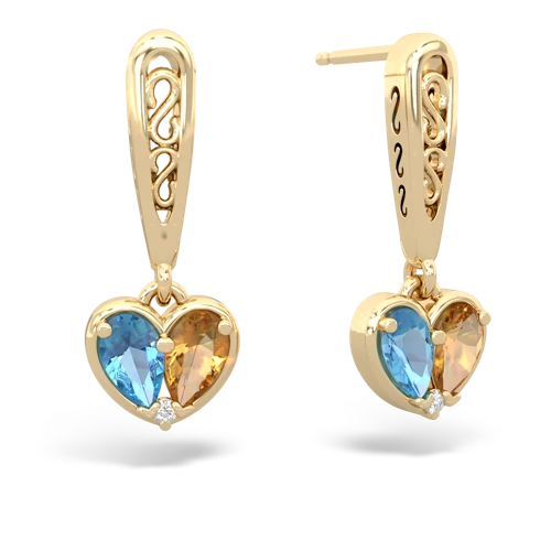 blue topaz-citrine filligree earrings