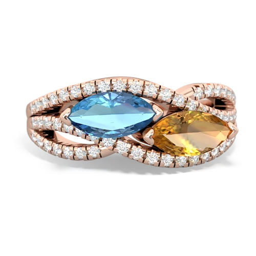 blue topaz-citrine double heart ring