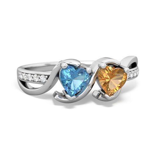 blue topaz-citrine double heart ring