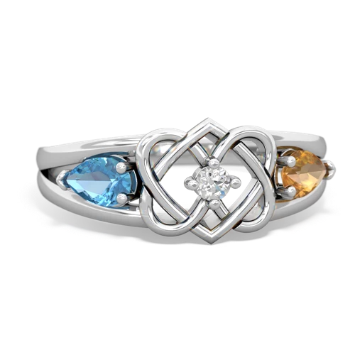 blue topaz-citrine double heart ring