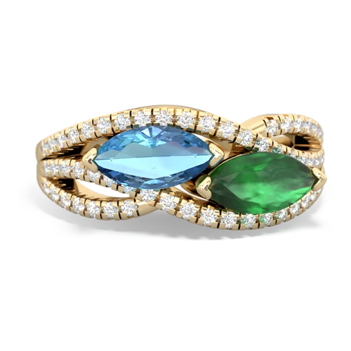blue topaz-emerald double heart ring