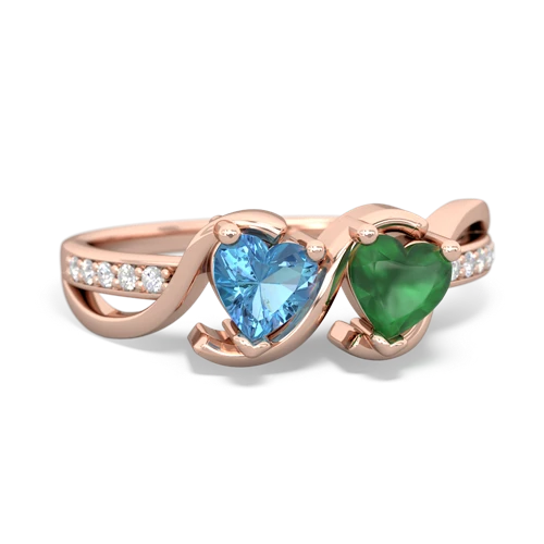 blue topaz-emerald double heart ring