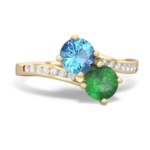 blue topaz-emerald two stone channel ring