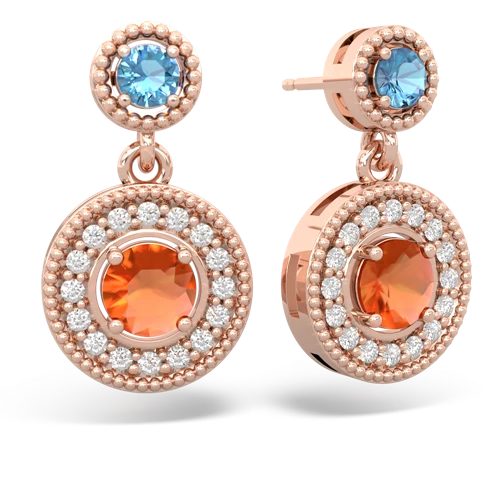 blue topaz-fire opal halo earrings