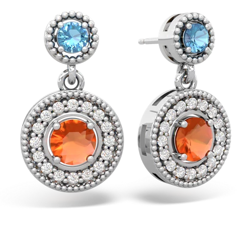 blue topaz-fire opal halo earrings