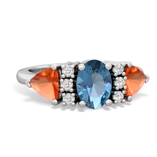 Blue Topaz Genuine Swiss Blue Topaz with Genuine Fire Opal and  Antique Style Three Stone ring Ring