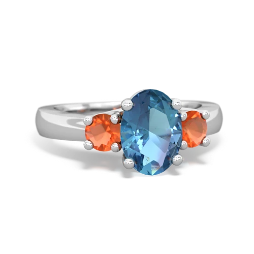Blue Topaz Genuine Swiss Blue Topaz with Genuine Fire Opal Three Stone Trellis ring Ring