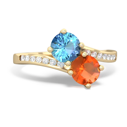 blue topaz-fire opal two stone channel ring