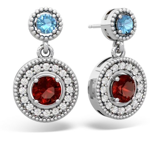 blue topaz-garnet halo earrings