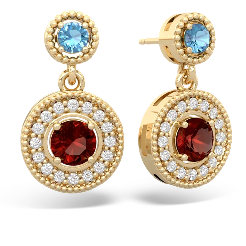 blue topaz-garnet halo earrings