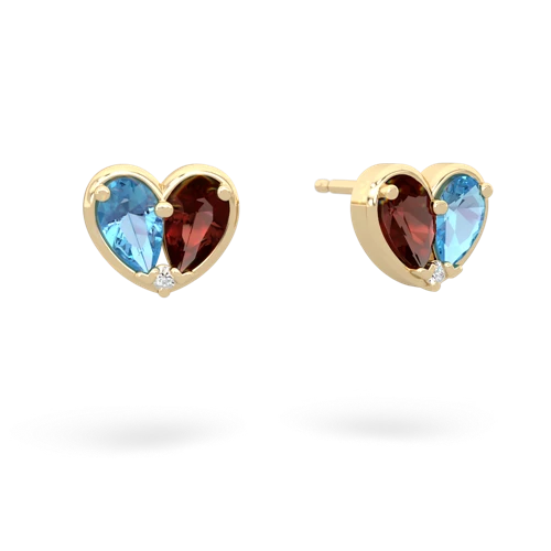 blue topaz-garnet one heart earrings