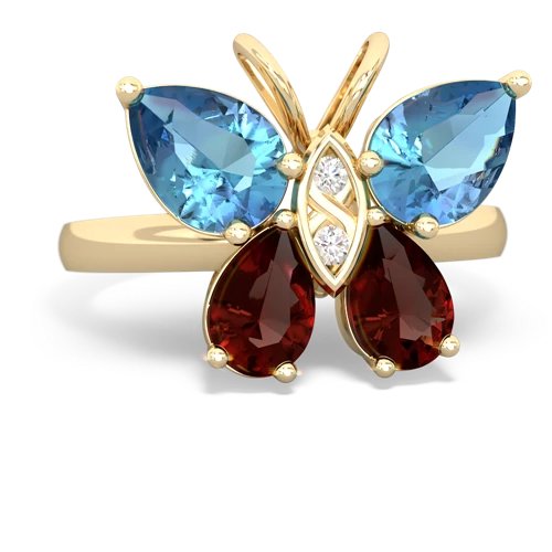 blue topaz-garnet butterfly ring