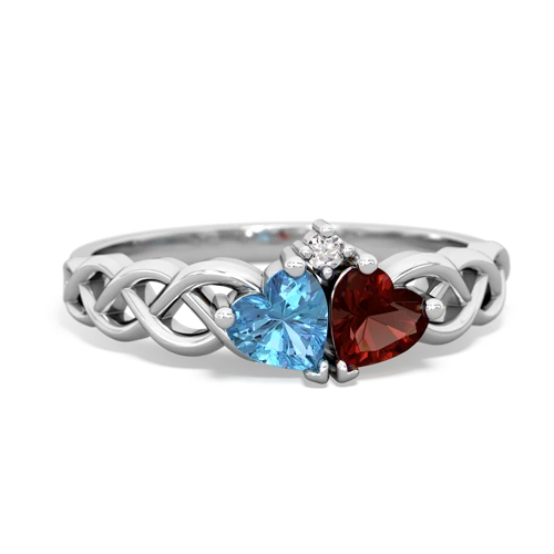 blue topaz-garnet celtic braid ring