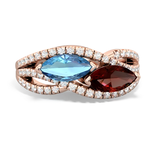 blue topaz-garnet double heart ring