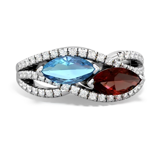 blue topaz-garnet double heart ring