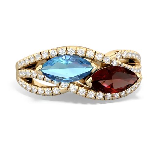 blue topaz-garnet double heart ring