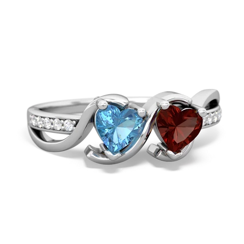 blue topaz-garnet double heart ring