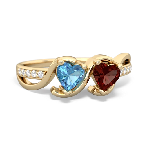 blue topaz-garnet double heart ring