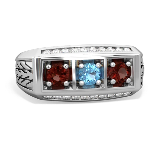 blue topaz-garnet three stone ring