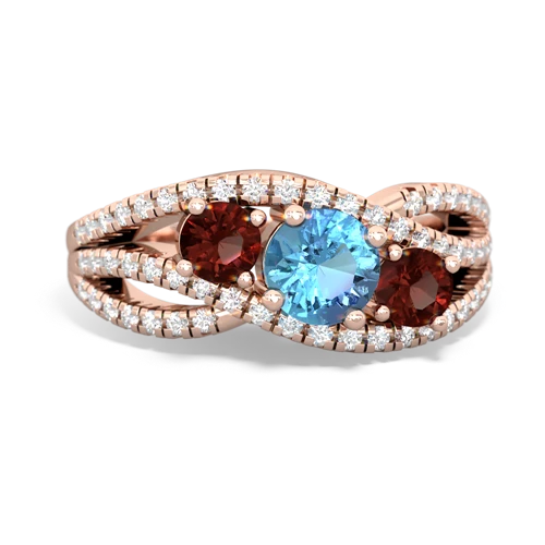 blue topaz-garnet three stone pave ring