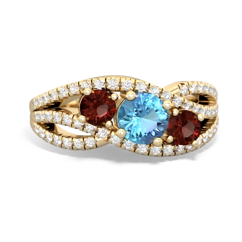 blue topaz-garnet three stone pave ring